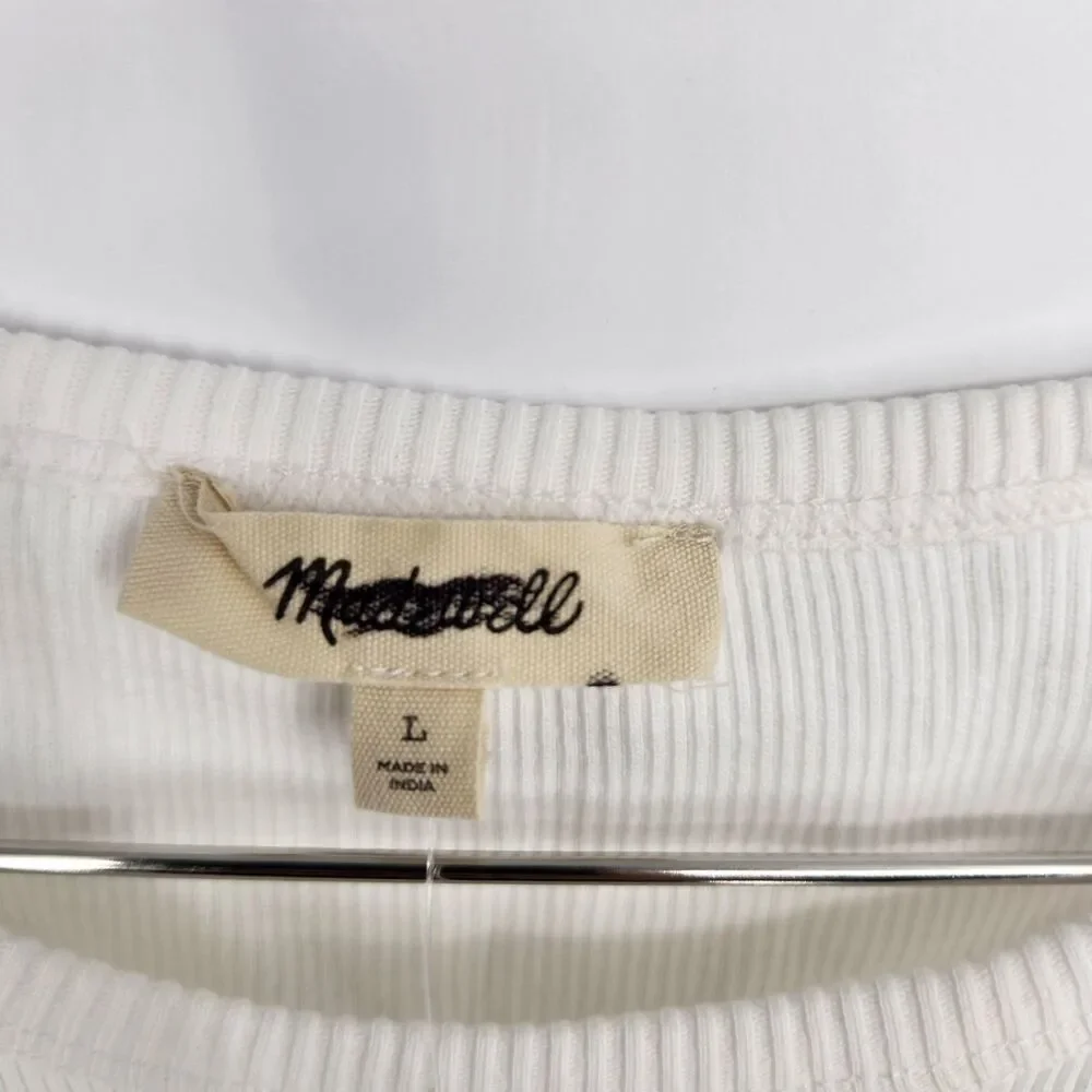 Madewell Large White Ribbed Puff Sleeve Top NWT‎